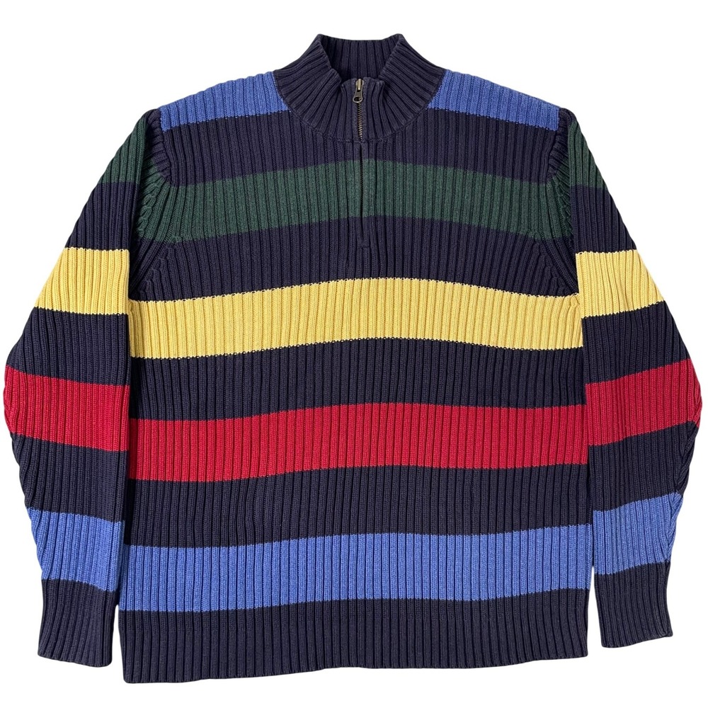 Lands End Sweater Mens XL Vintage Striped Quarter Zip Ribbed Cotton Colorblock
